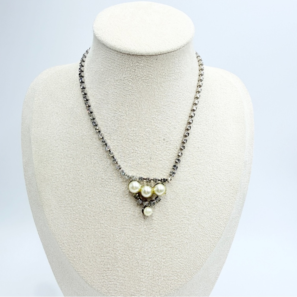 Vintage Rhinestone Pearl Drop Necklace Silver Tone Crystal Statement